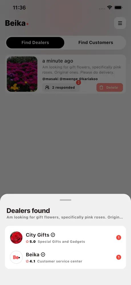 The Beikah app showing a posted request and the dealers who responded